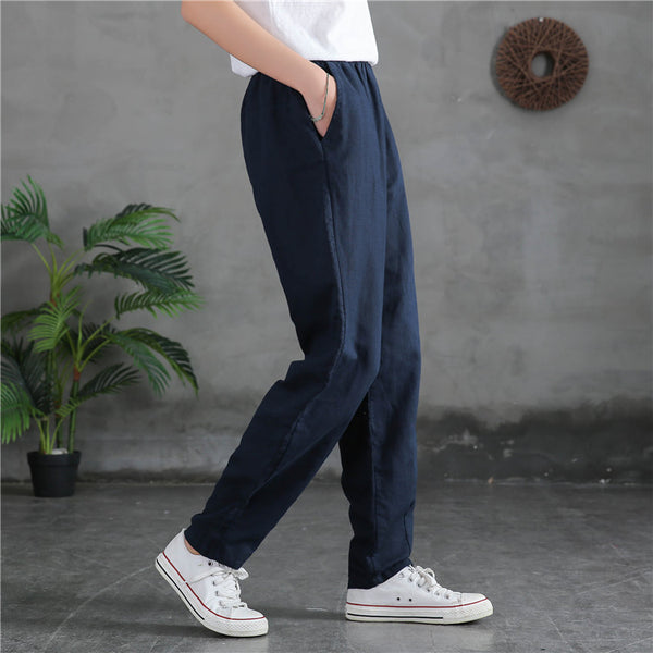 Women Sand-Washed Linen and Cotton Causal Pants