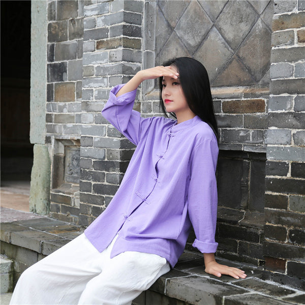 Women Retro TaiChi Buckle Style Linen and Cotton Cardigan Long Sleeve Shirt