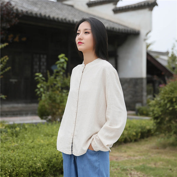 Women Casual Style Sand Washed Linen and Cotton Soft Light Cardigan Long Sleeve Shirt