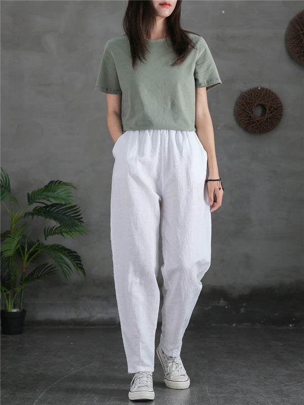 Women Sand-Washed Linen and Cotton Causal Pants