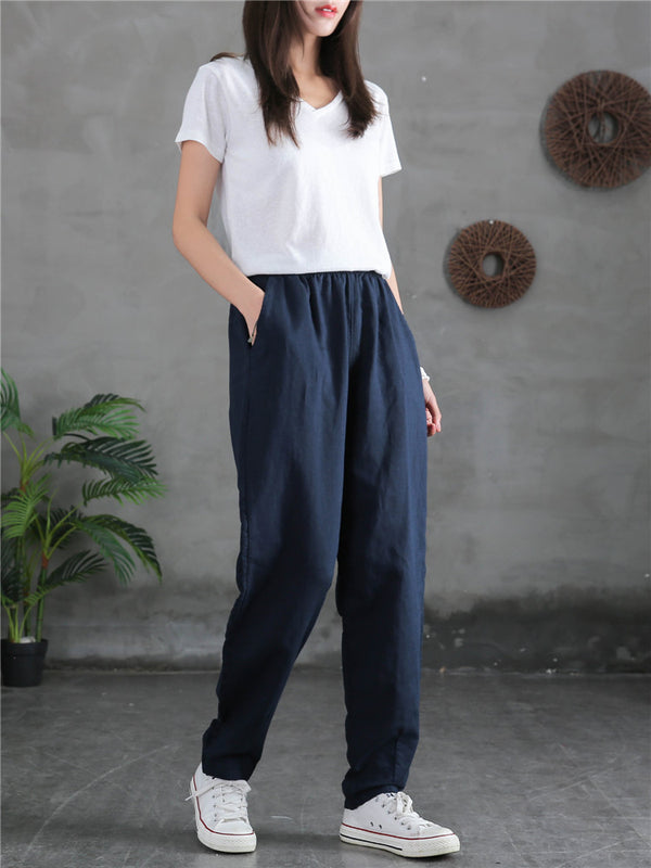 Women Sand-Washed Linen and Cotton Causal Pants