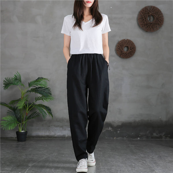 Women Sand-Washed Linen and Cotton Causal Pants