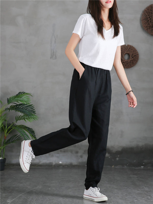 Women Sand-Washed Linen and Cotton Causal Pants