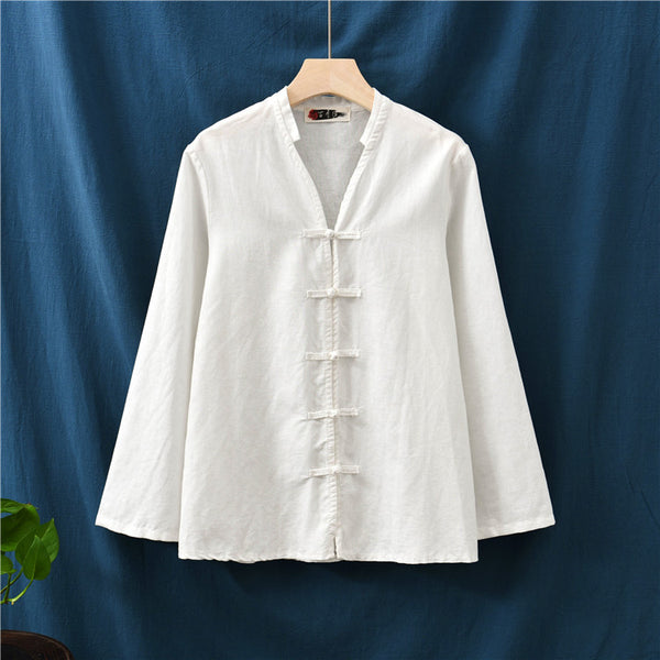 Women Retro Buckle Style Sand Washed Linen and Cotton Long Sleeve Cardigan Shirt