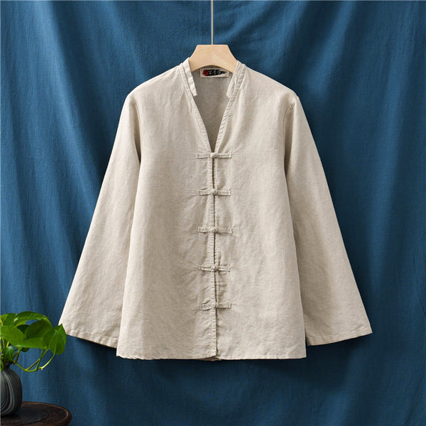 Women Retro Buckle Style Sand Washed Linen and Cotton Long Sleeve Cardigan Shirt