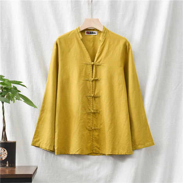 Women Retro Buckle Style Sand Washed Linen and Cotton Long Sleeve Cardigan Shirt