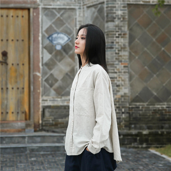 Women Casual Style Linen and Cotton Big Front Pocket Cardigan Long Sleeve Shirt