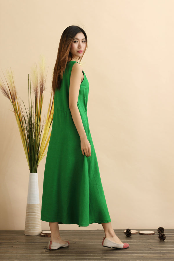 Linen Dress/ Pouf Dress/ Summer Linen Dress/ Tea Length Dress/ Casual dress/ Green Dress/ Red Dress/ Blue Dress/ Sleeveless Dress