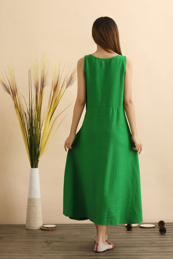 Linen Dress/ Pouf Dress/ Summer Linen Dress/ Tea Length Dress/ Casual dress/ Green Dress/ Red Dress/ Blue Dress/ Sleeveless Dress