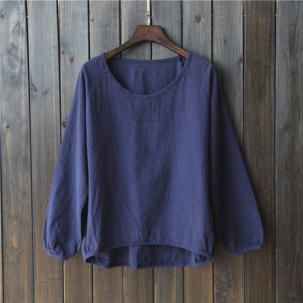 Women Linen and Cotton T-Shirt – original cotton and linen art loose large size long-sleeved base t-shirts