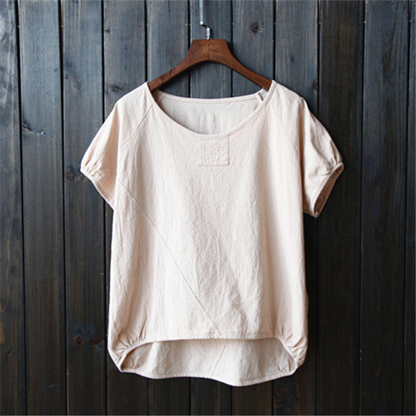 Simple Short Sleeved Women Cotton and Linen T-shirt