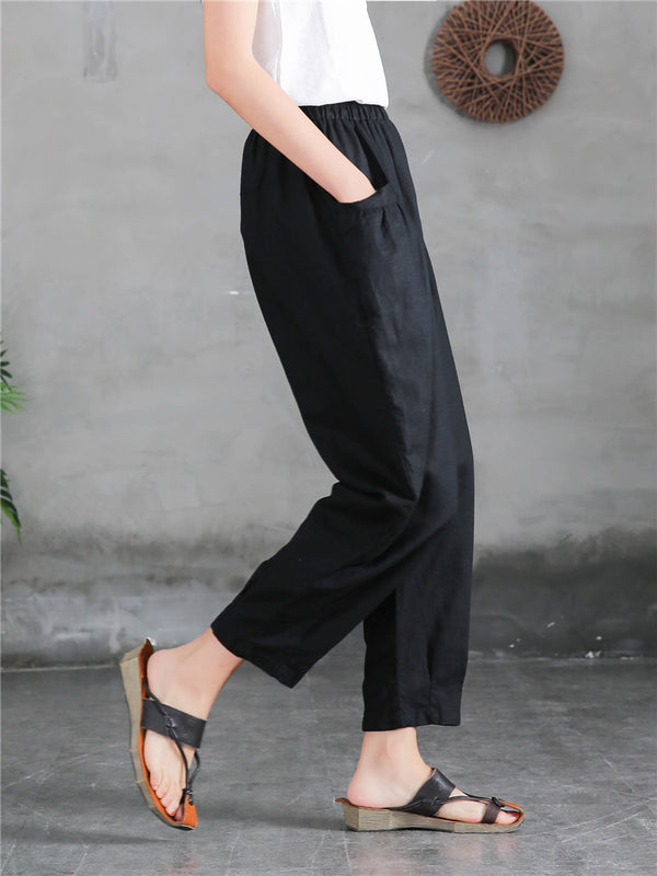 Women Sand-Washed Linen and Cotton Big Pocket Causal Cropped Pants