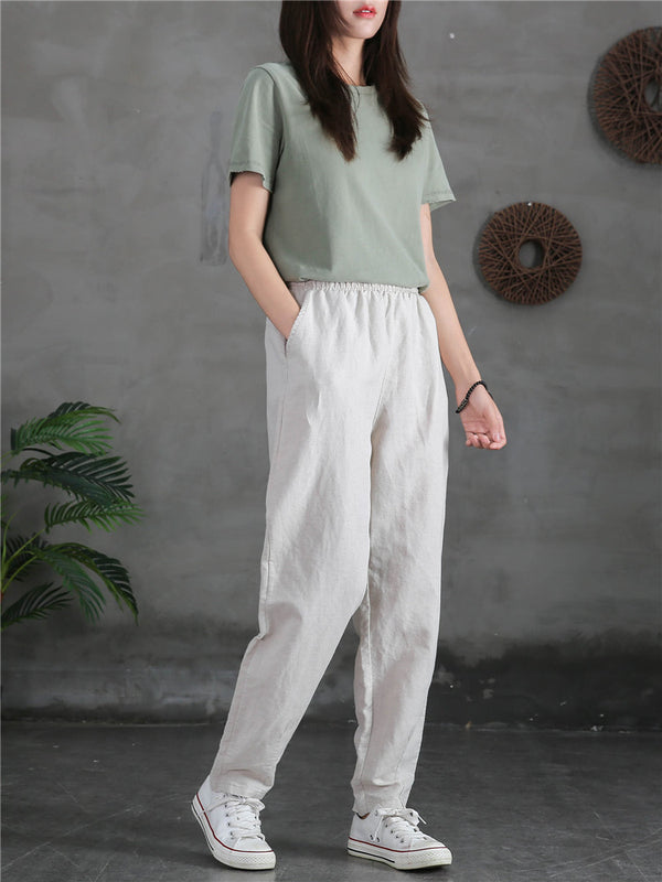 Women Sand-Washed Linen and Cotton Causal Pants