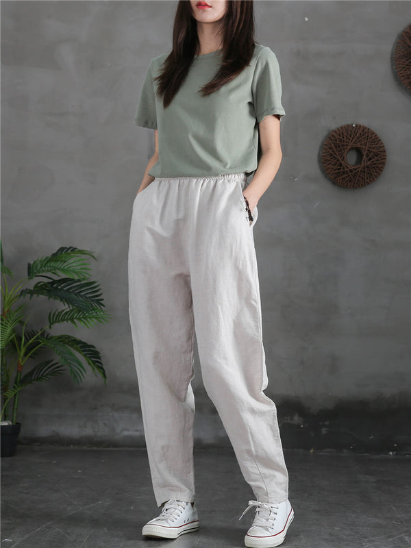 Women Sand-Washed Linen and Cotton Causal Pants