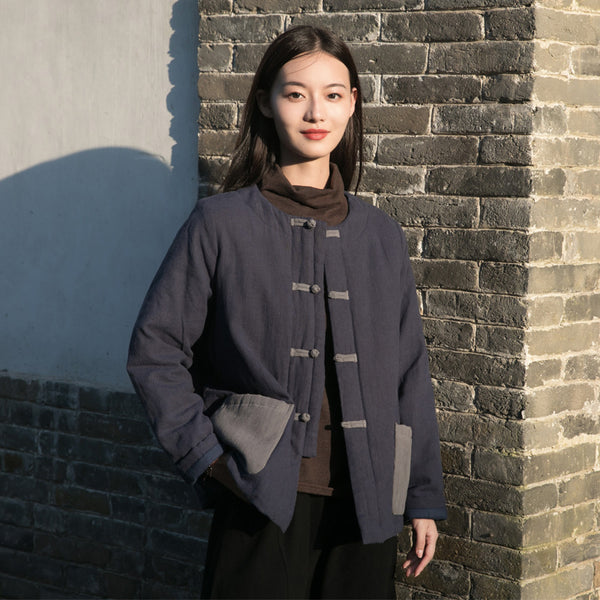 Women Sand Washed Linen and Cotton Quilted Round Neck Jacket