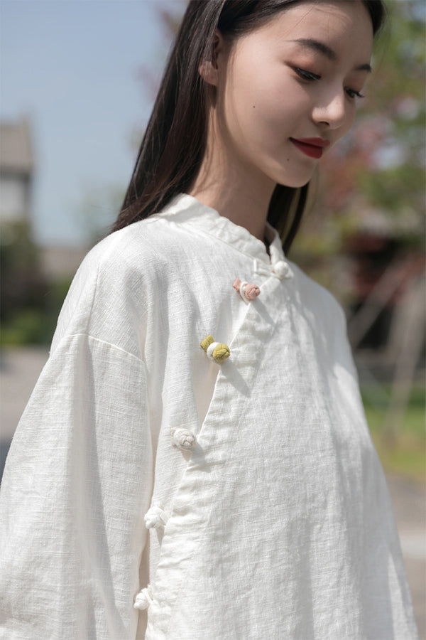 2021 Autumn NEW! Women Retro Chinese Style Linen and Cotton Side Buckle Collar Blouse