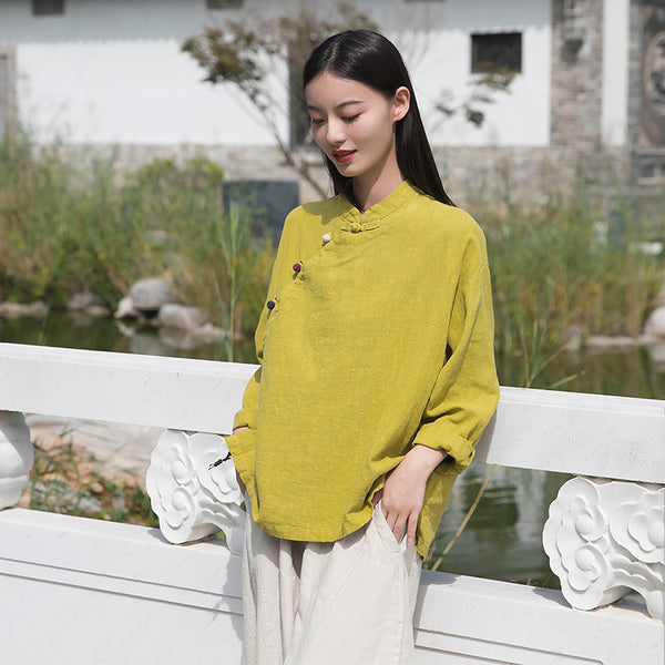 2021 Autumn NEW! Women Retro Chinese Style Linen and Cotton Side Buckle Collar Blouse