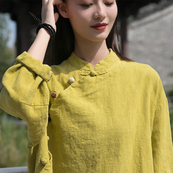 2021 Autumn NEW! Women Retro Chinese Style Linen and Cotton Side Buckle Collar Blouse