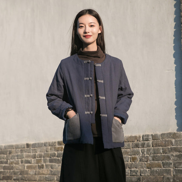 Women Sand Washed Linen and Cotton Quilted Round Neck Jacket