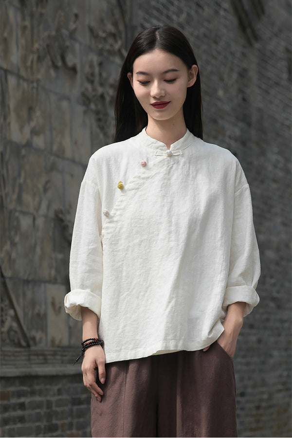 2021 Autumn NEW! Women Retro Chinese Style Linen and Cotton Side Buckle Collar Blouse