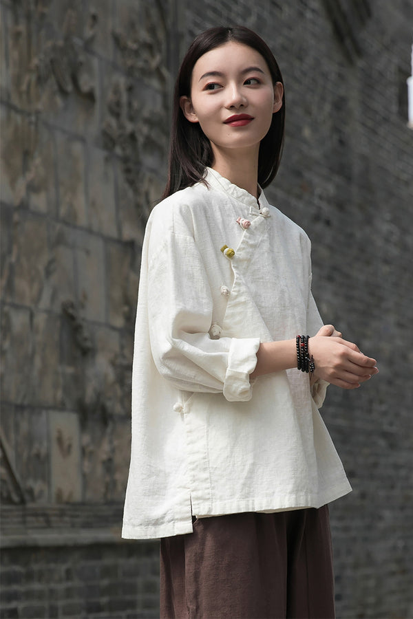 2021 Autumn NEW! Women Retro Chinese Style Linen and Cotton Side Buckle Collar Blouse