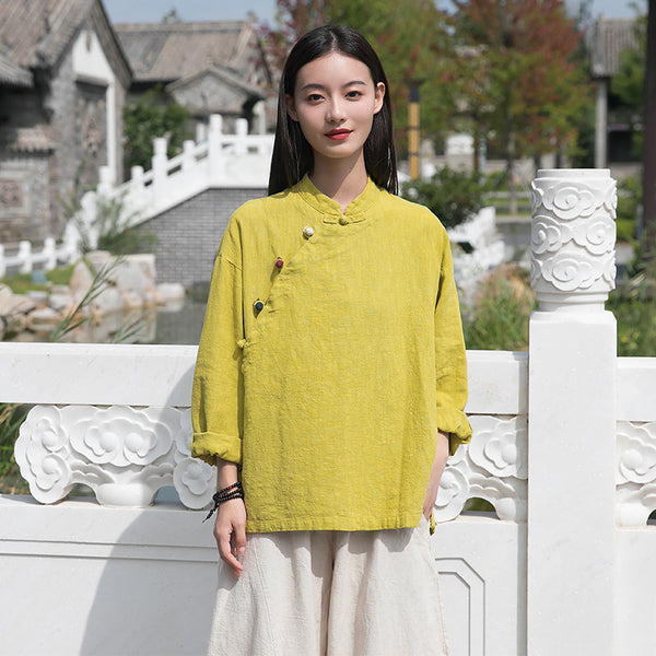 2021 Autumn NEW! Women Retro Chinese Style Linen and Cotton Side Buckle Collar Blouse