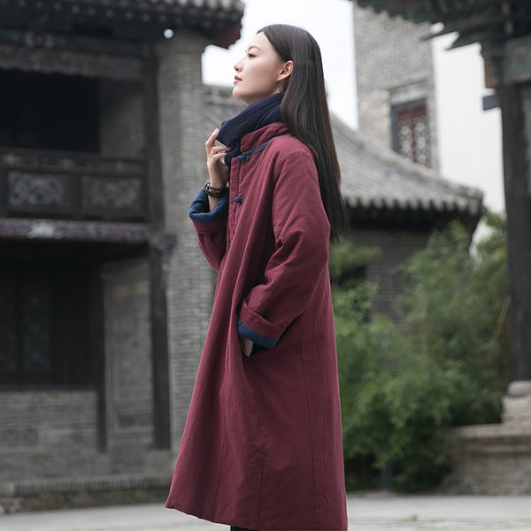 Women Modern Style Middle Length Linen and Cotton Quilted Stand Collar Coat