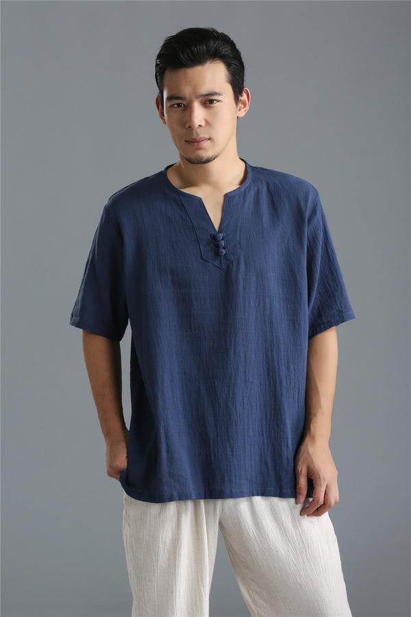 Men Pure Color Simple Linen and Cotton V-neck Short Sleeved T-shirt Tops