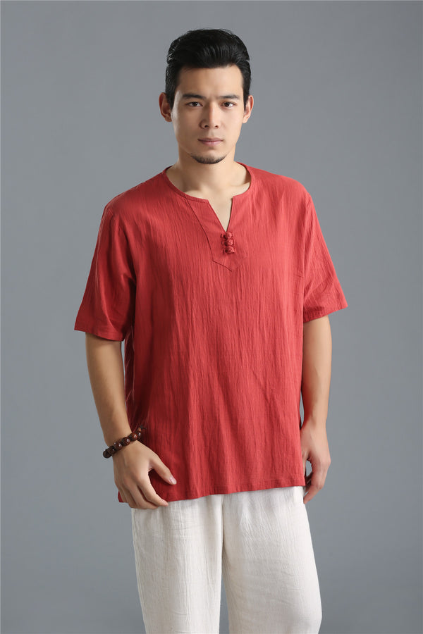 Men Pure Color Simple Linen and Cotton V-neck Short Sleeved T-shirt Tops