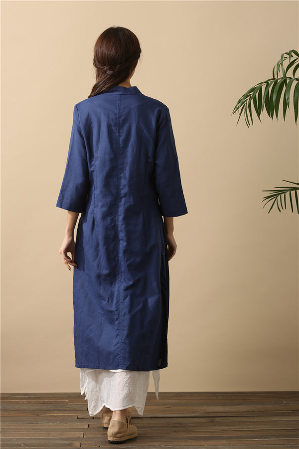 Women Cardigan Retro Buckle Collar Long sleeve Thin Linen and Cotton Dress Type Coat