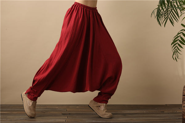 Men Casual Pure Color Loose Cotton and Linen Hanging Crotch Dancing Pants