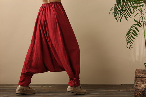 Men Casual Pure Color Loose Cotton and Linen Hanging Crotch Dancing Pants