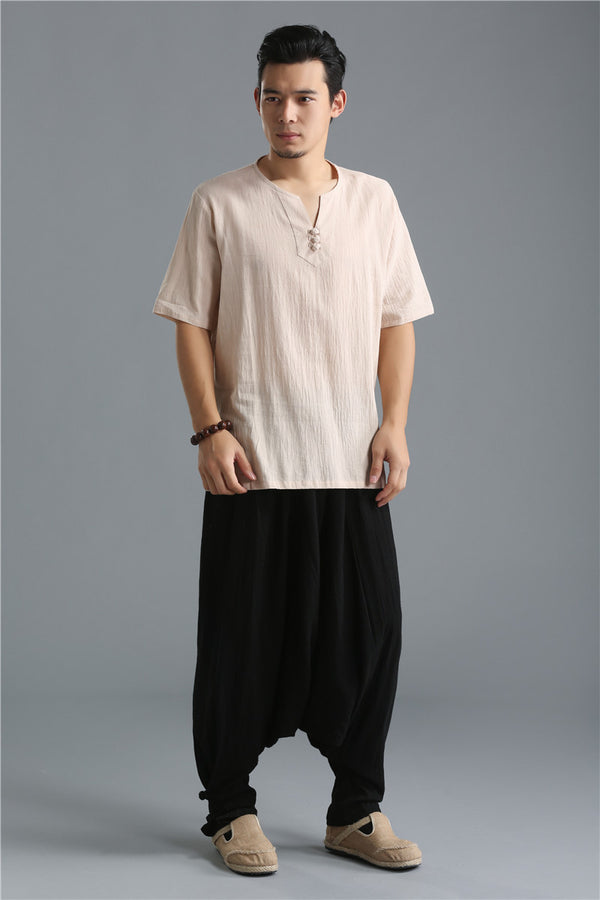 Men Casual Pure Color Loose Cotton and Linen Hanging Crotch Dancing Pants