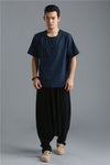 Men Casual Pure Color Loose Cotton and Linen Hanging Crotch Dancing Pants