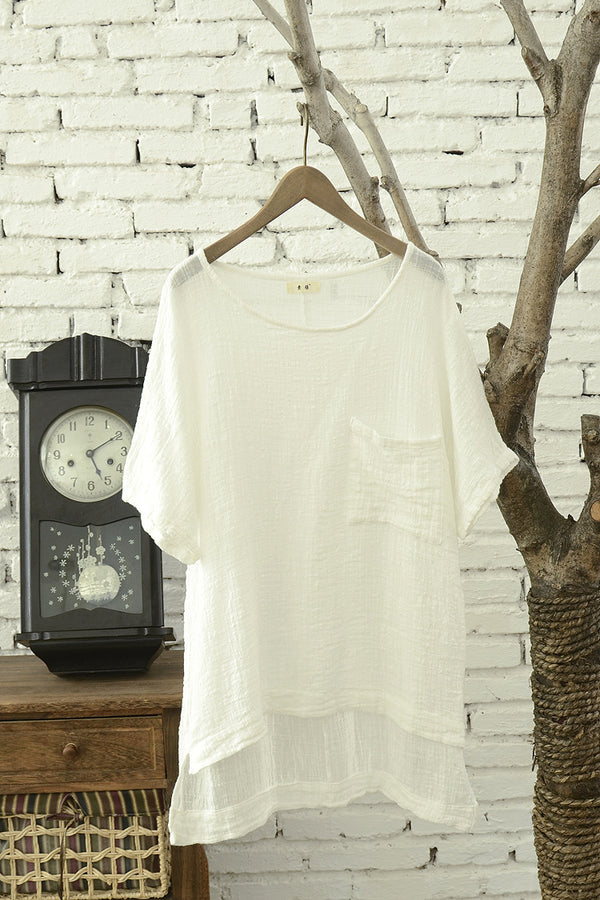 Women Cotton and Linen Short Sleeve Loose T-shirt