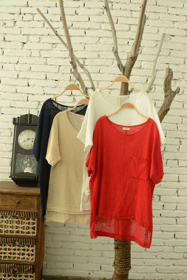 Women Cotton and Linen Short Sleeve Loose T-shirt