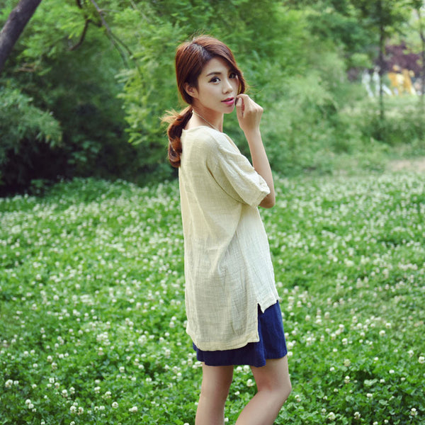 Women Cotton and Linen Short Sleeve Loose T-shirt