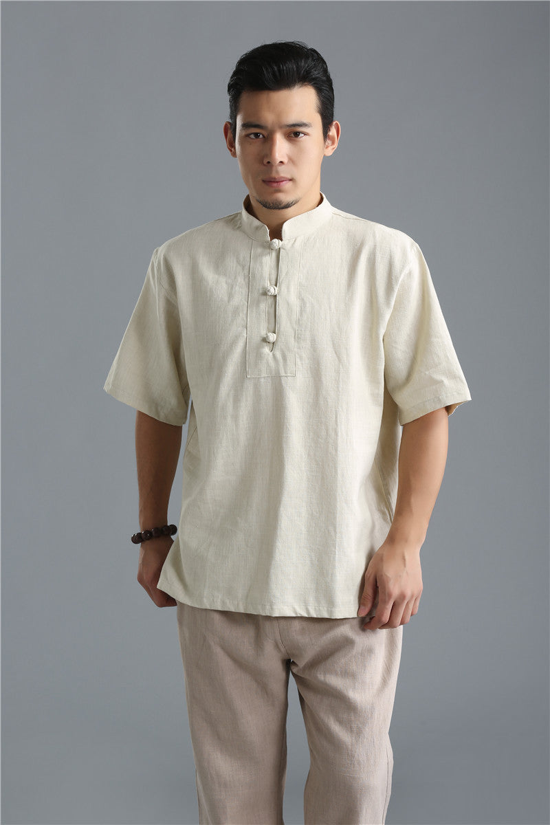 Men Buckle Causal Style Linen and Cotton Short Sleeve Tops