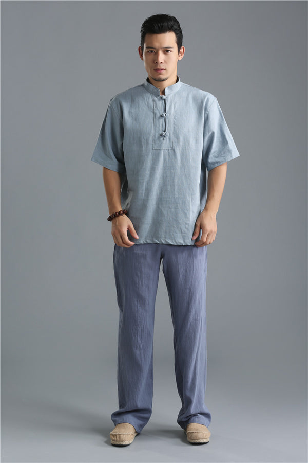 Men Buckle Causal Style Linen and Cotton Short Sleeve Tops