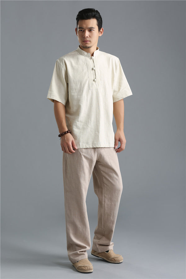 Men Buckle Causal Style Linen and Cotton Short Sleeve Tops