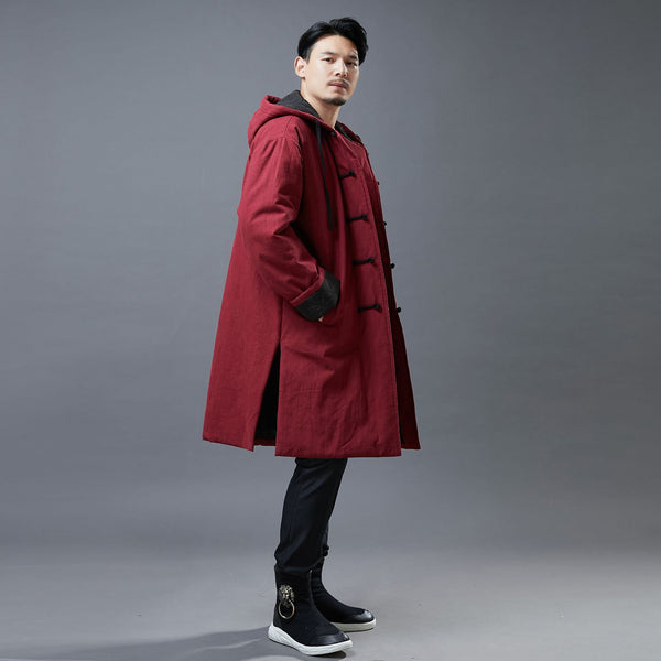 Men Simple Casual Style Linen and Cotton Middle Length Buckle Quilted Hoodie Coat