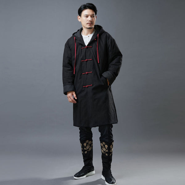 Men Simple Casual Style Linen and Cotton Middle Length Buckle Quilted Hoodie Coat