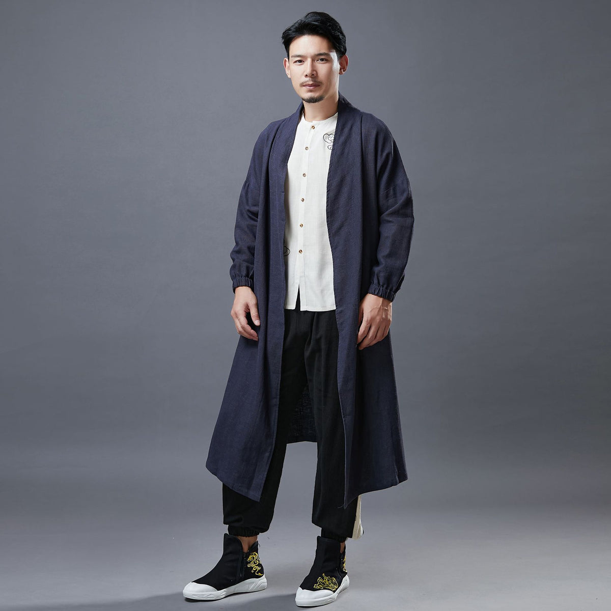 Men Asian Style Linen and Cotton Buckle Windbreaker Coat