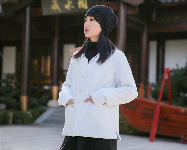 Women Chinese Artsy Short Length Linen and Cotton Chinese Buckle Quilted Coat