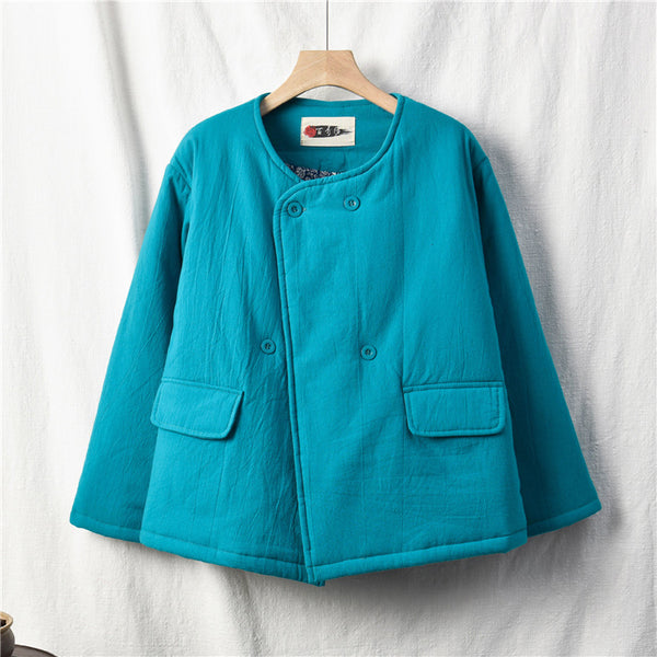 Women Artsy Short Length Linen and Cotton Quilted Round Neck Jacket