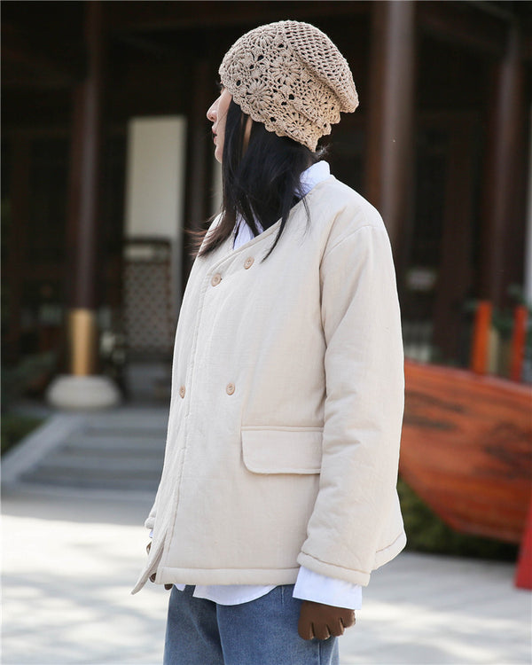 Women Artsy Short Length Linen and Cotton Quilted Round Neck Jacket