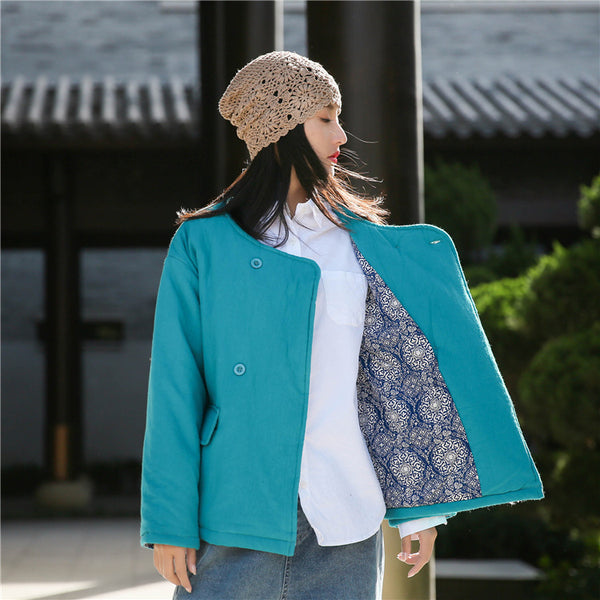 Women Artsy Short Length Linen and Cotton Quilted Round Neck Jacket