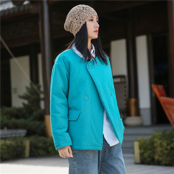 Women Artsy Short Length Linen and Cotton Quilted Round Neck Jacket