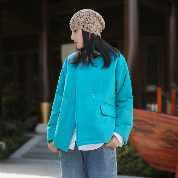 Women Artsy Short Length Linen and Cotton Quilted Round Neck Jacket