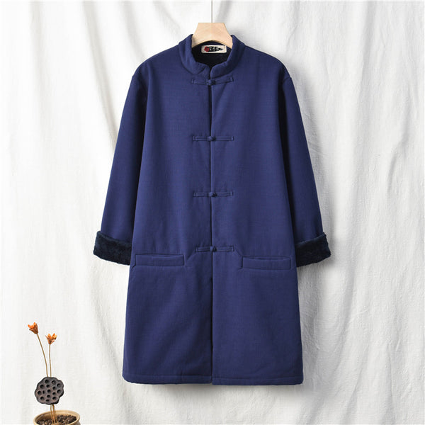 Women Artsy Middle Length Linen and Cotton Chinese Buckle Round Neck Coat (Inside With Velvet)